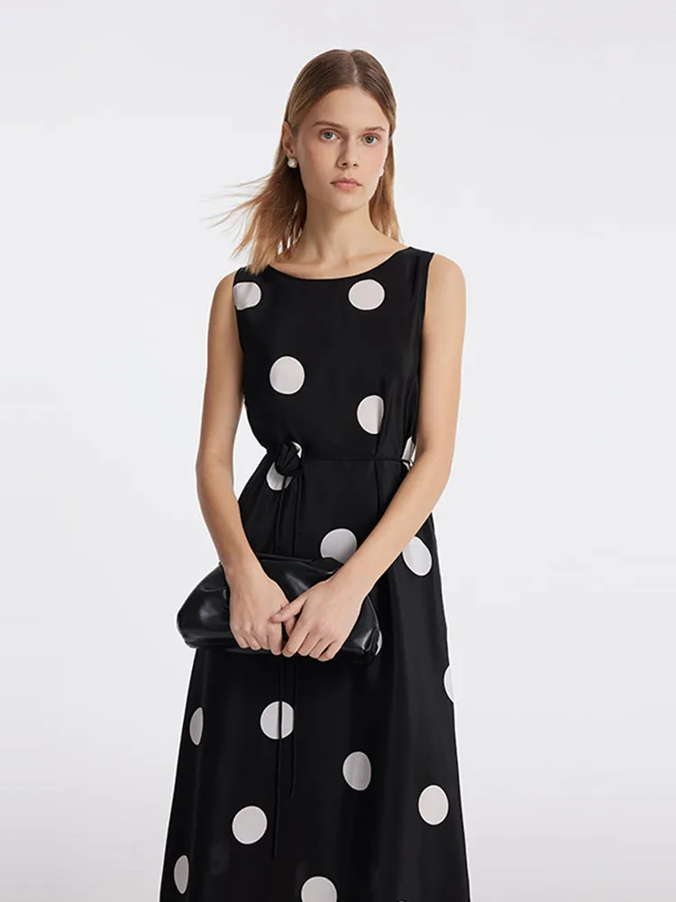 16 Momme Mulberry Silk Polka Dots Printed Women Vest Midi Dress With Belt And Rose Clip And Bottomed Skirt