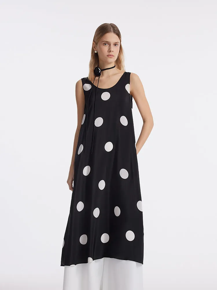 16 Momme Mulberry Silk Polka Dots Printed Women Vest Midi Dress With Belt And Rose Clip And Bottomed Skirt