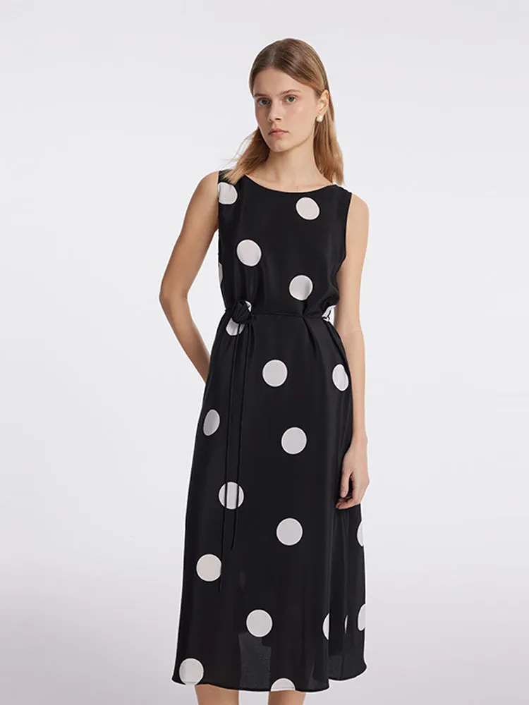 16 Momme Mulberry Silk Polka Dots Printed Women Vest Midi Dress With Belt And Rose Clip And Bottomed Skirt