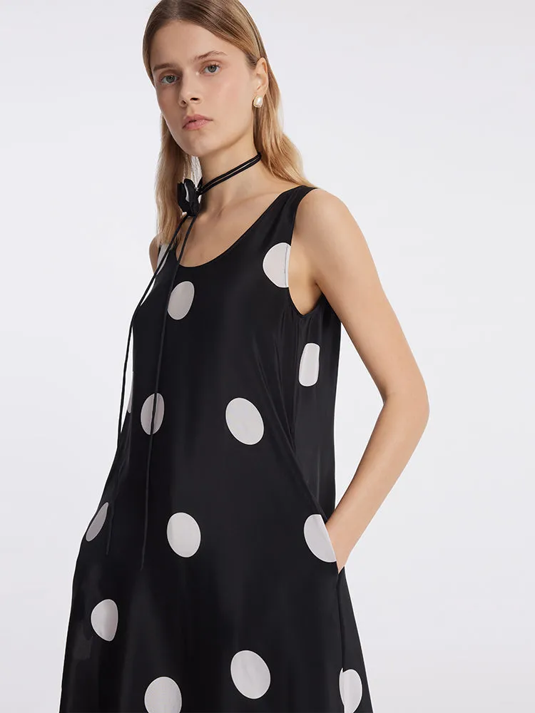 16 Momme Mulberry Silk Polka Dots Printed Women Vest Midi Dress With Belt And Rose Clip And Bottomed Skirt