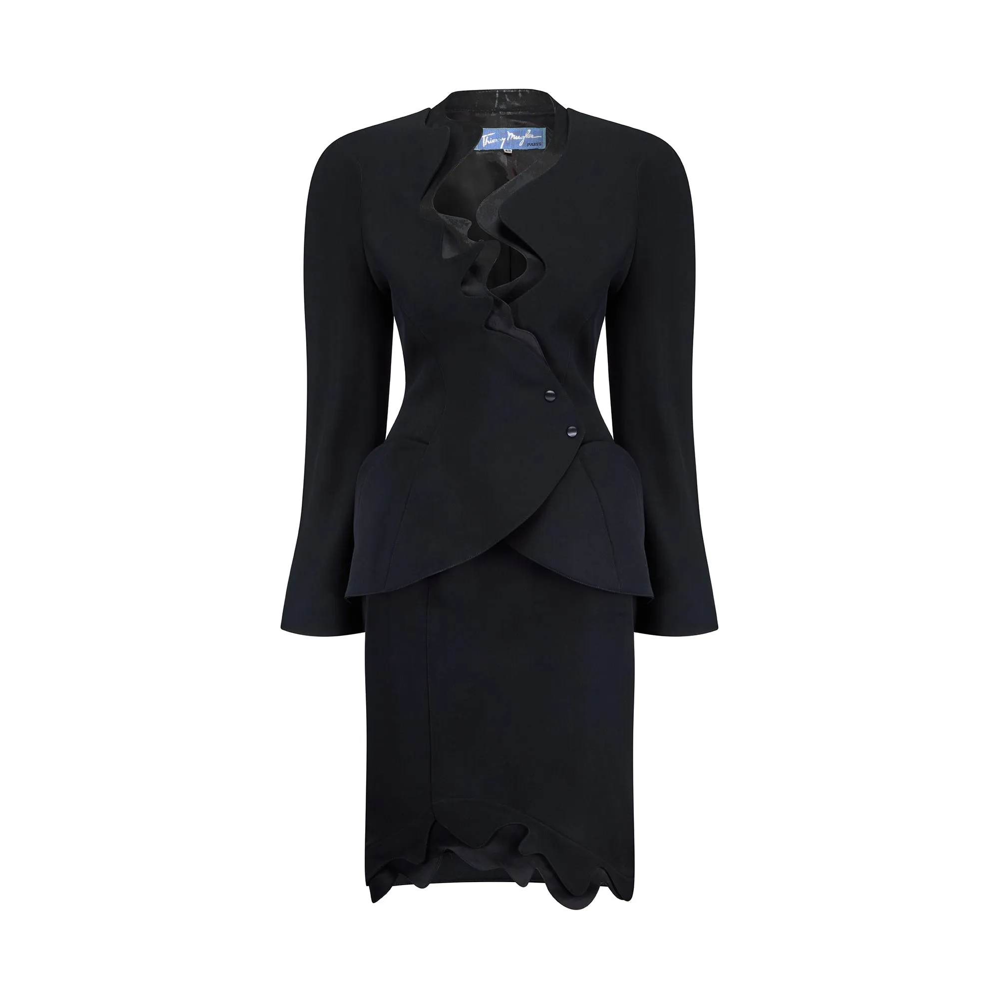 1989 Thierry Mugler Buick Collection Black Squiggle Hem Skirt Suit