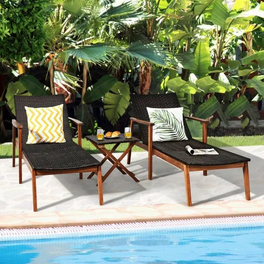 3 Pcs Patio Wooden Frame Rattan Lounge Chaise Chair Set with Folding Table