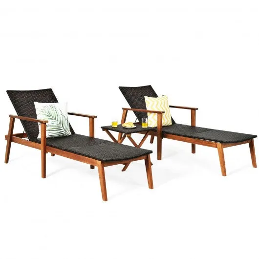 3 Pcs Patio Wooden Frame Rattan Lounge Chaise Chair Set with Folding Table