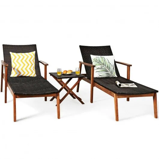 3 Pcs Patio Wooden Frame Rattan Lounge Chaise Chair Set with Folding Table