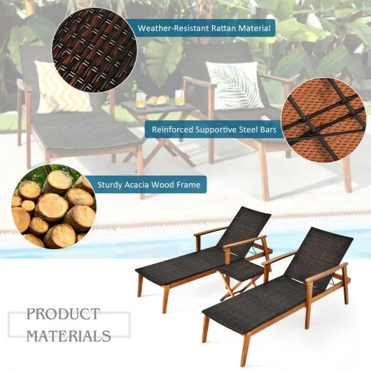 3 Pcs Patio Wooden Frame Rattan Lounge Chaise Chair Set with Folding Table