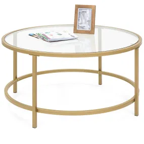 36in Round Glass Coffee Table w/ Satin Gold Trim