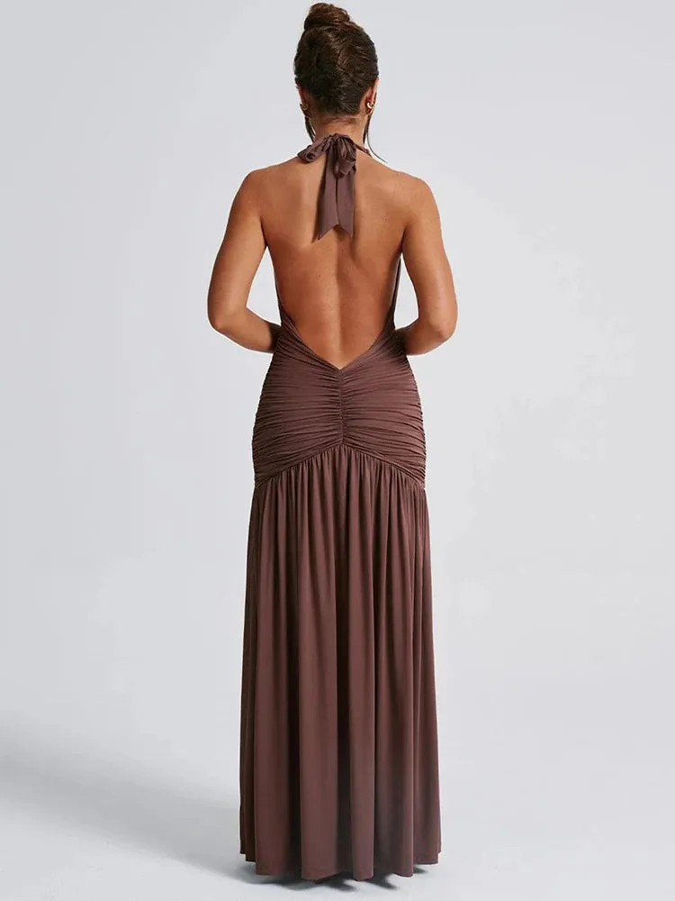 A&A Halter Plunge Neck Backless Thigh Split Maxi Dress