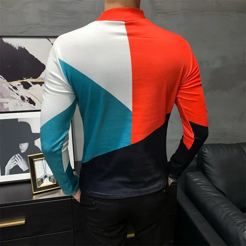 Abstract Multicolor Long Sleeve Turtleneck T-Shirt