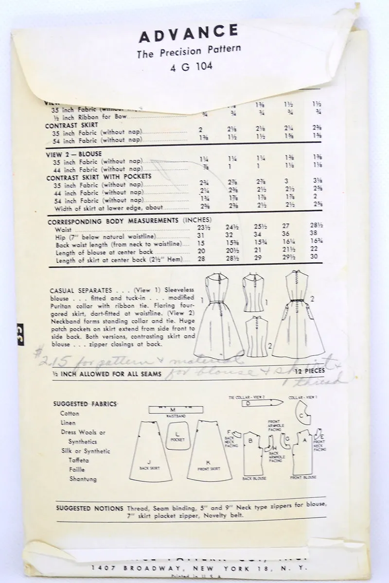 Advance 7060 Vintage 1955 Blouse & Skirt Sewing Pattern