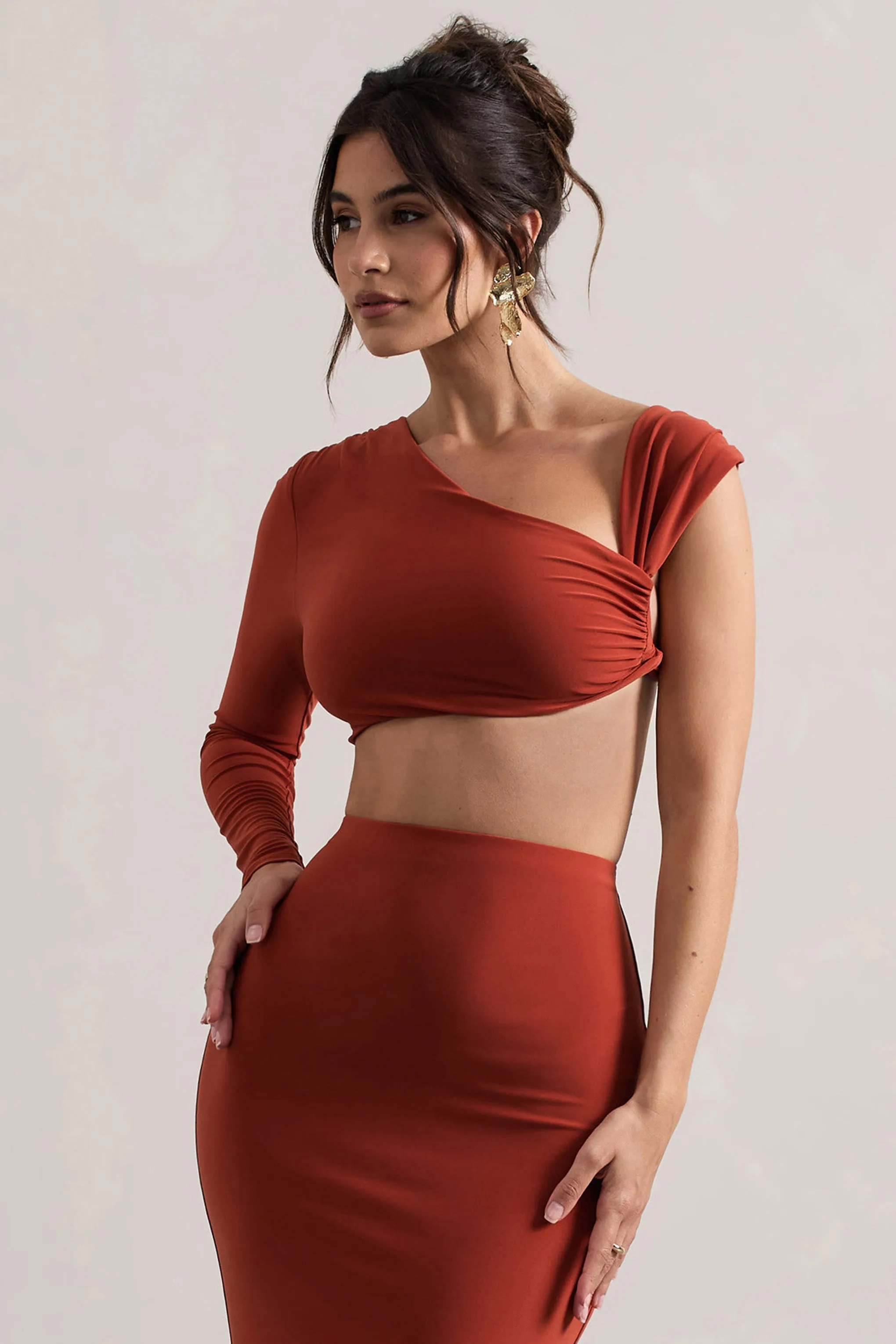 Agalia | Terracotta Ruched Asymmetric One-Sleeve Crop Top