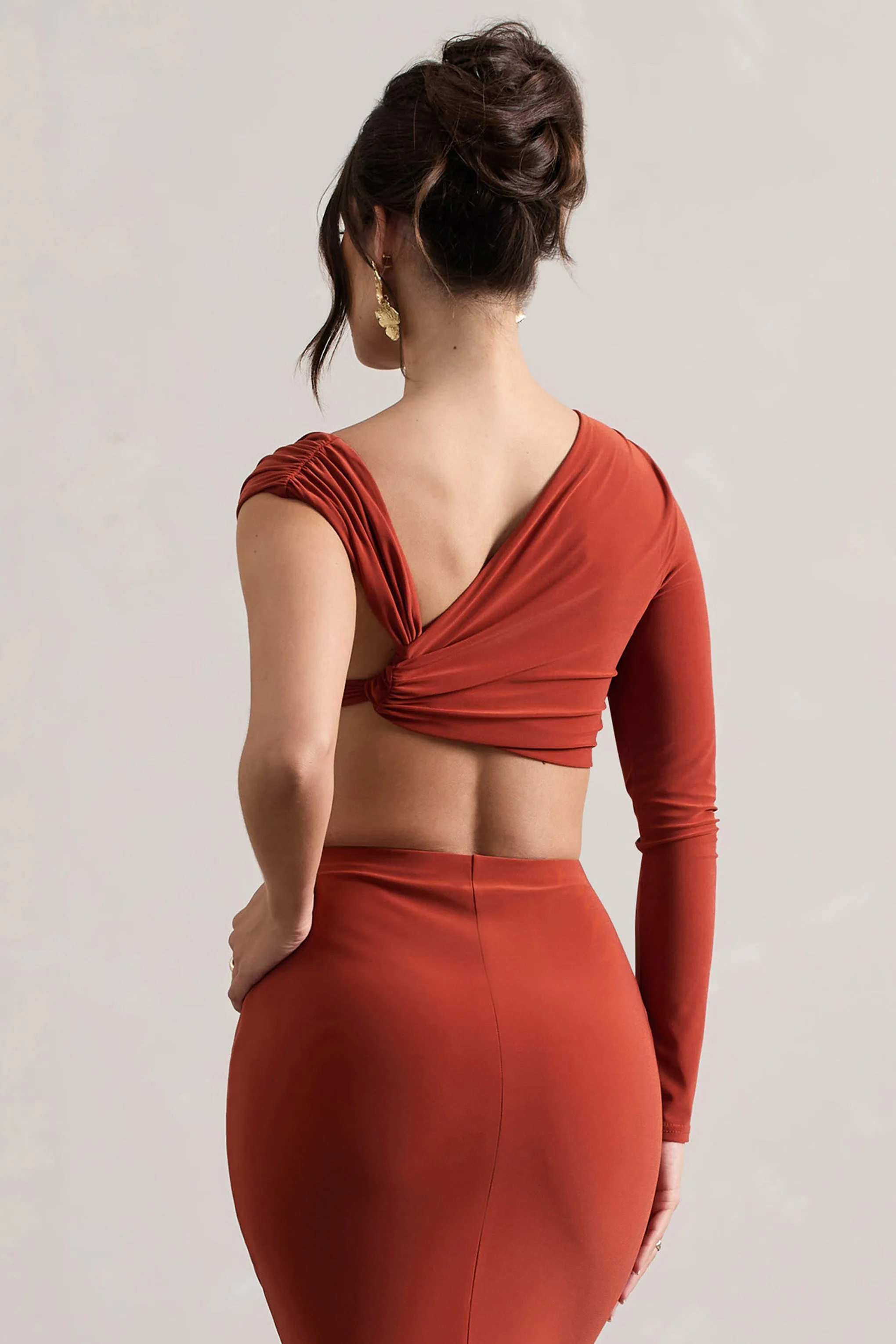 Agalia | Terracotta Ruched Asymmetric One-Sleeve Crop Top