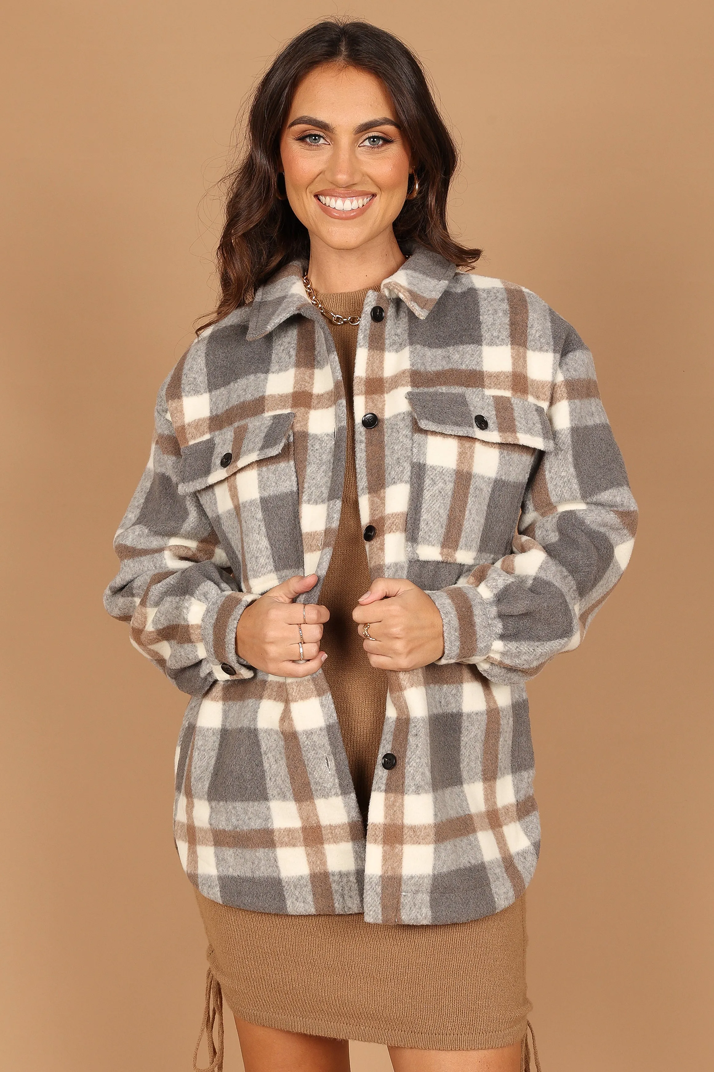 Alex Double-Breasted Pocket Shacket - Grey Check