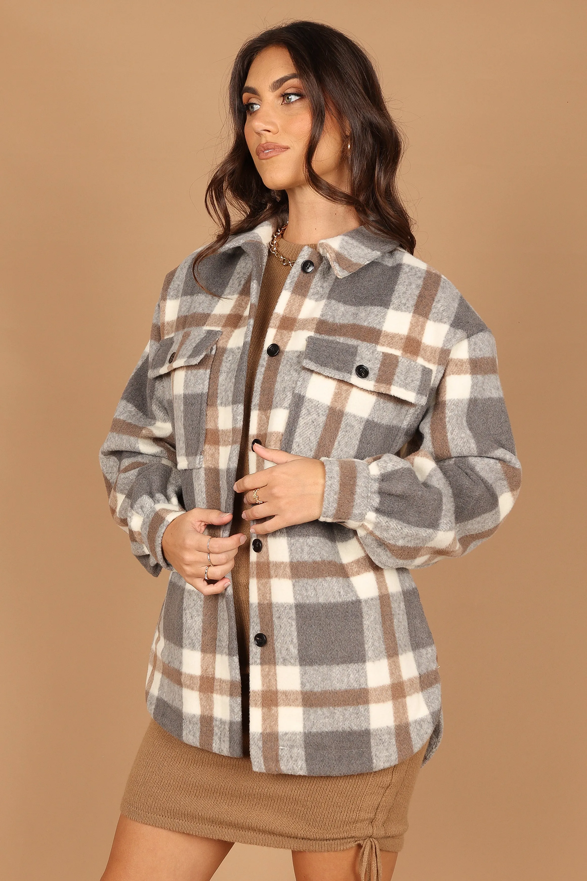 Alex Double-Breasted Pocket Shacket - Grey Check