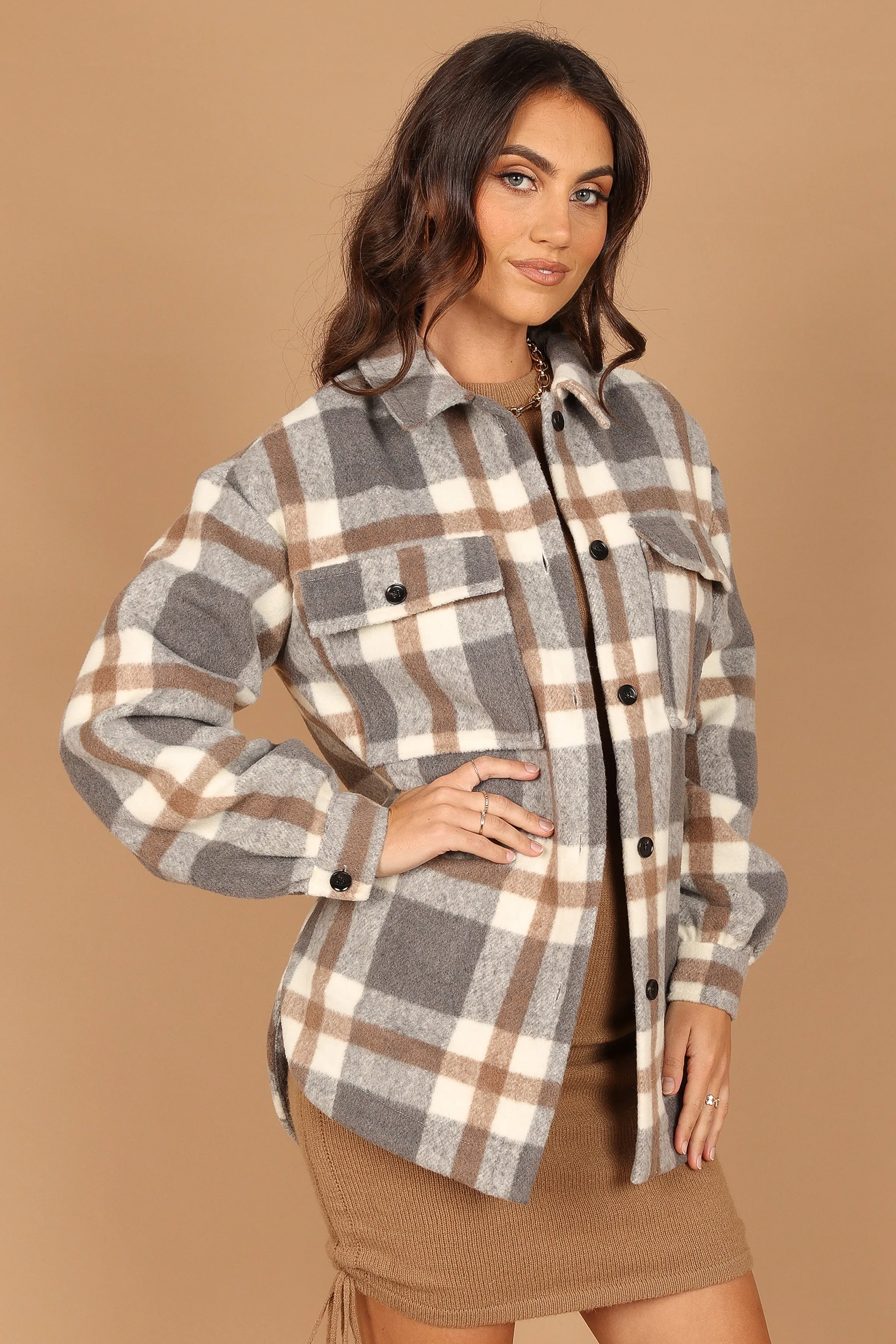 Alex Double-Breasted Pocket Shacket - Grey Check