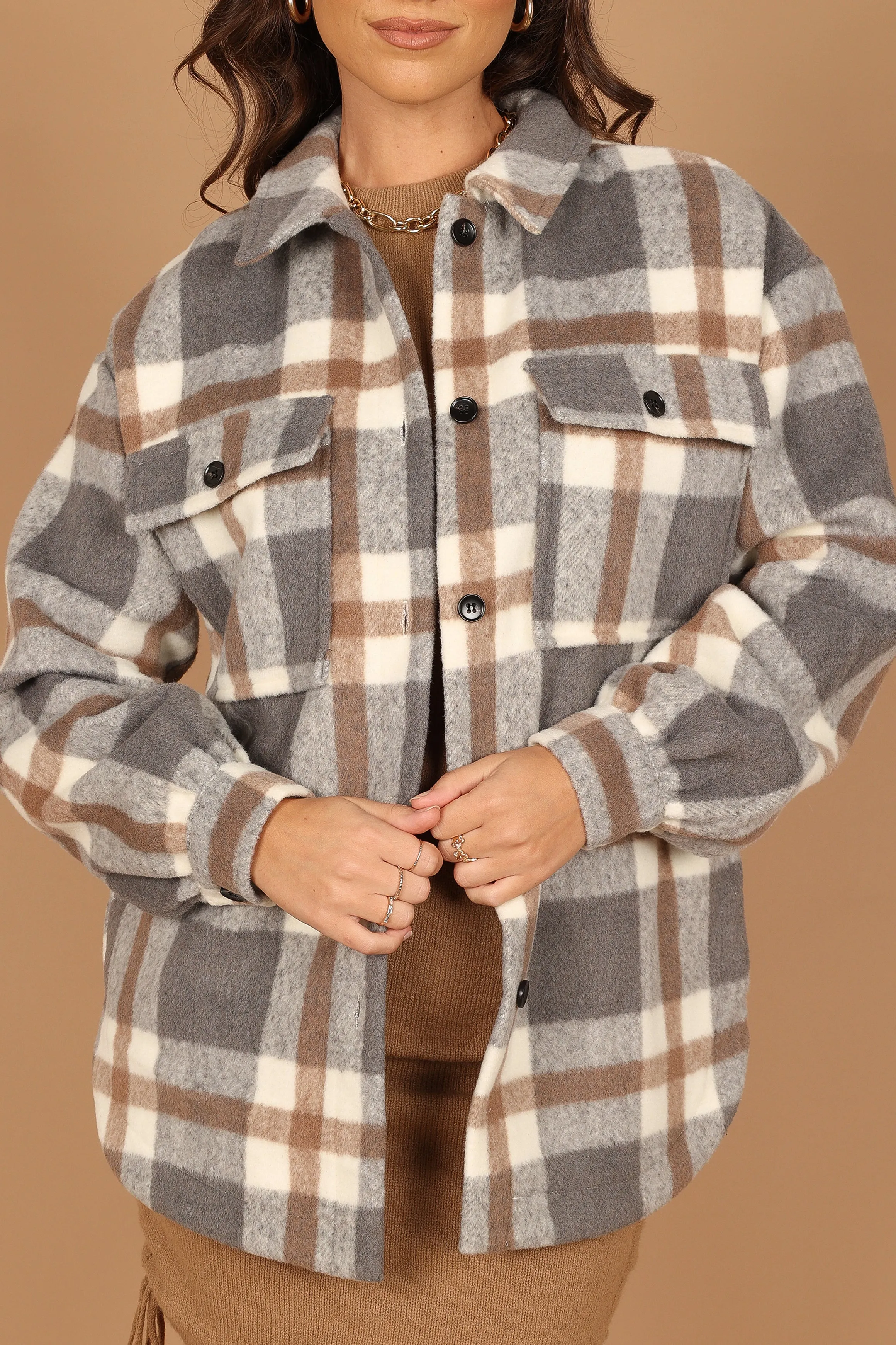 Alex Double-Breasted Pocket Shacket - Grey Check