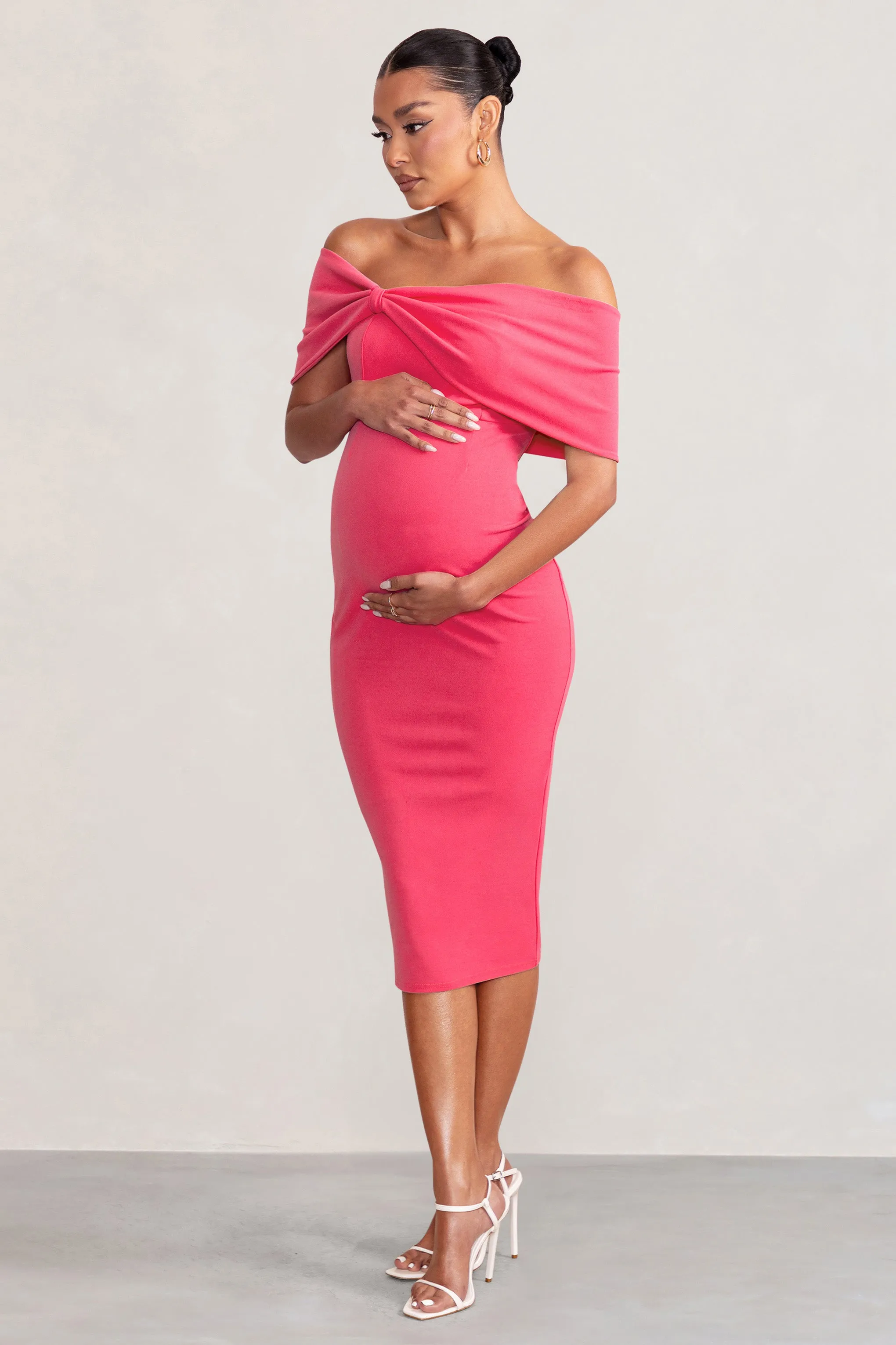 Alyssa | Hot Pink Bardot Bow Maternity Midi Dress with Ruching