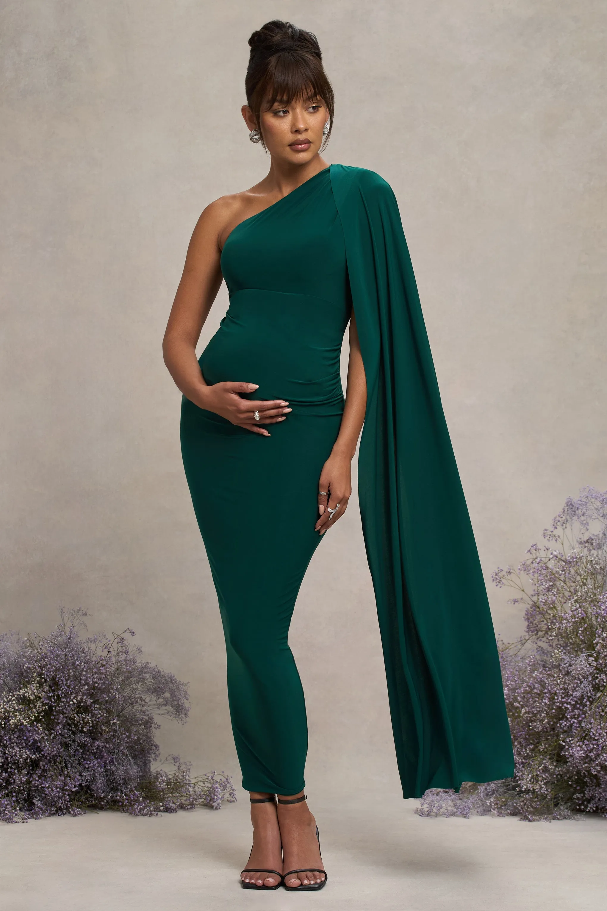 Amaryllis | Bottle Green Maternity One Shoulder Maxi Dress with Cape Sleeve