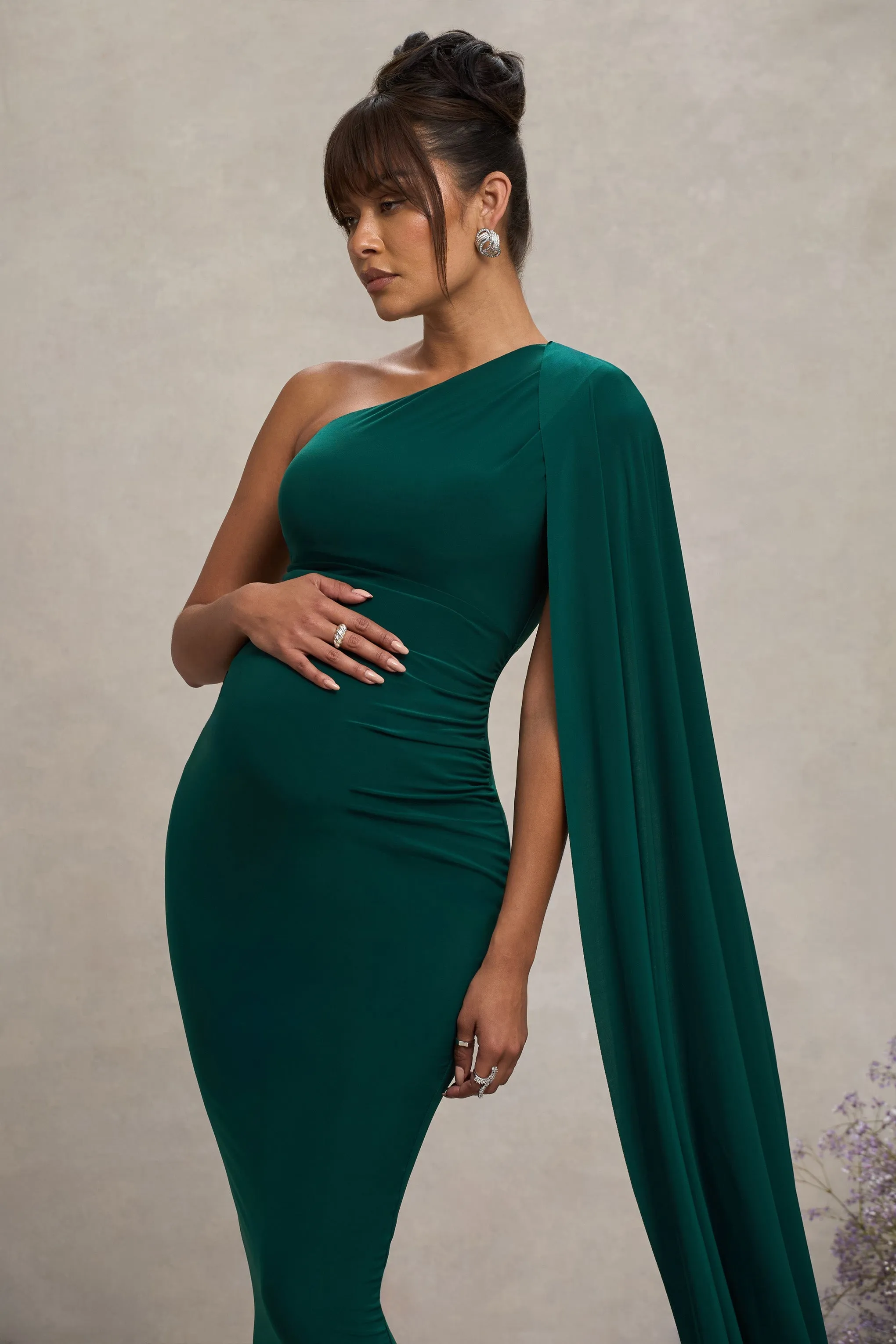 Amaryllis | Bottle Green Maternity One Shoulder Maxi Dress with Cape Sleeve