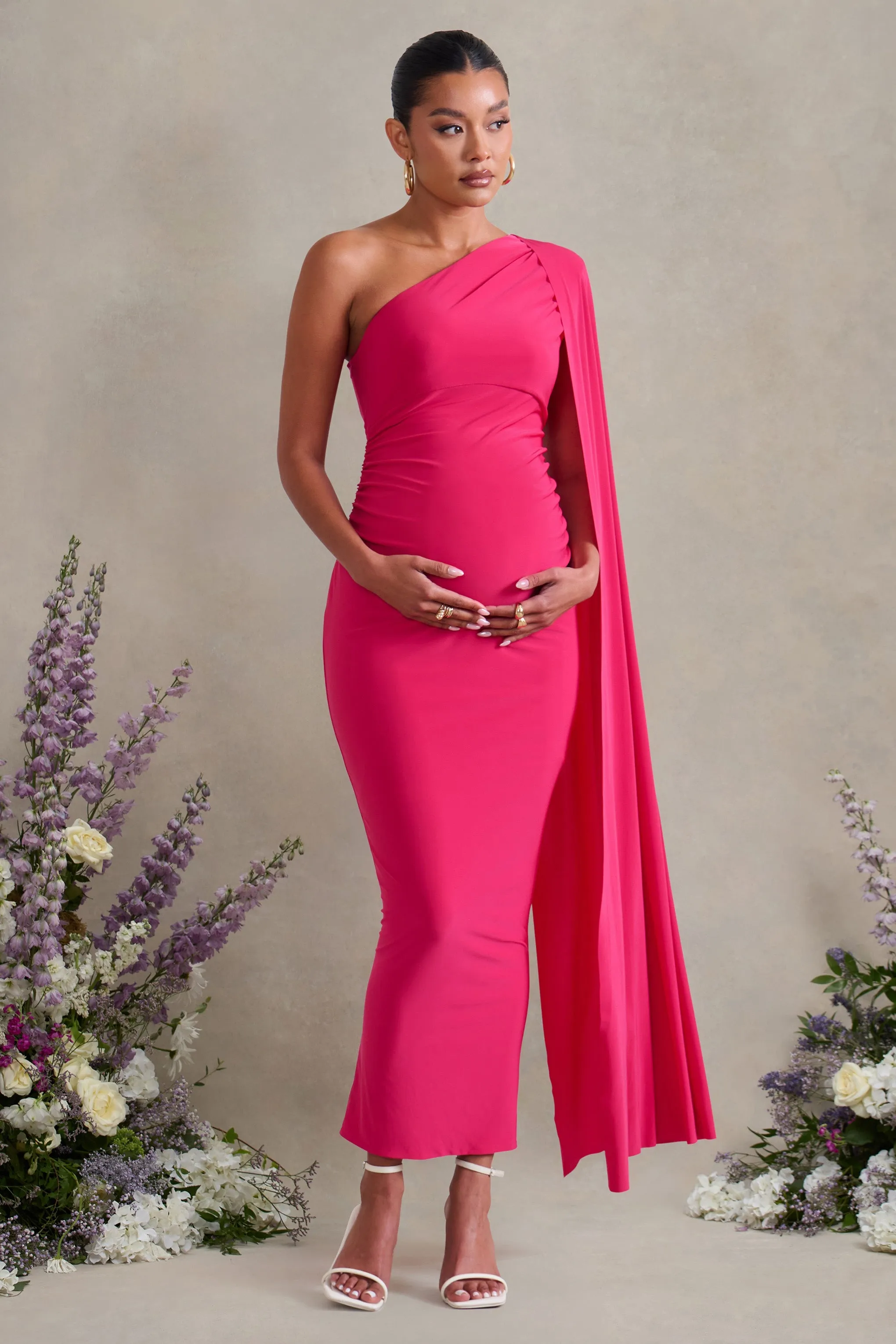 Amaryllis | Hot Pink Maternity One Shoulder Maxi Dress with Cape Sleeve