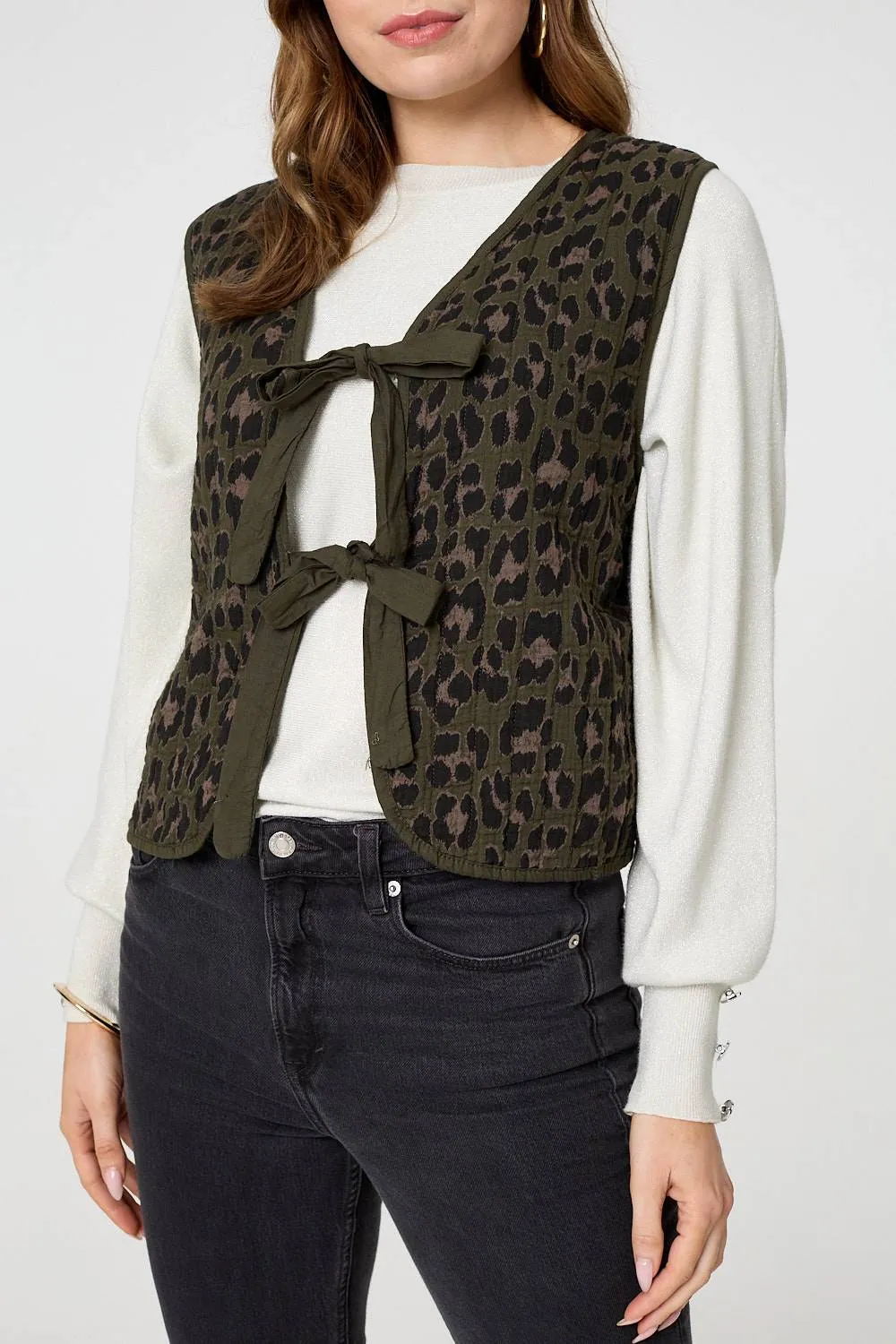 Animal Print Sleeveless Tie front Vest