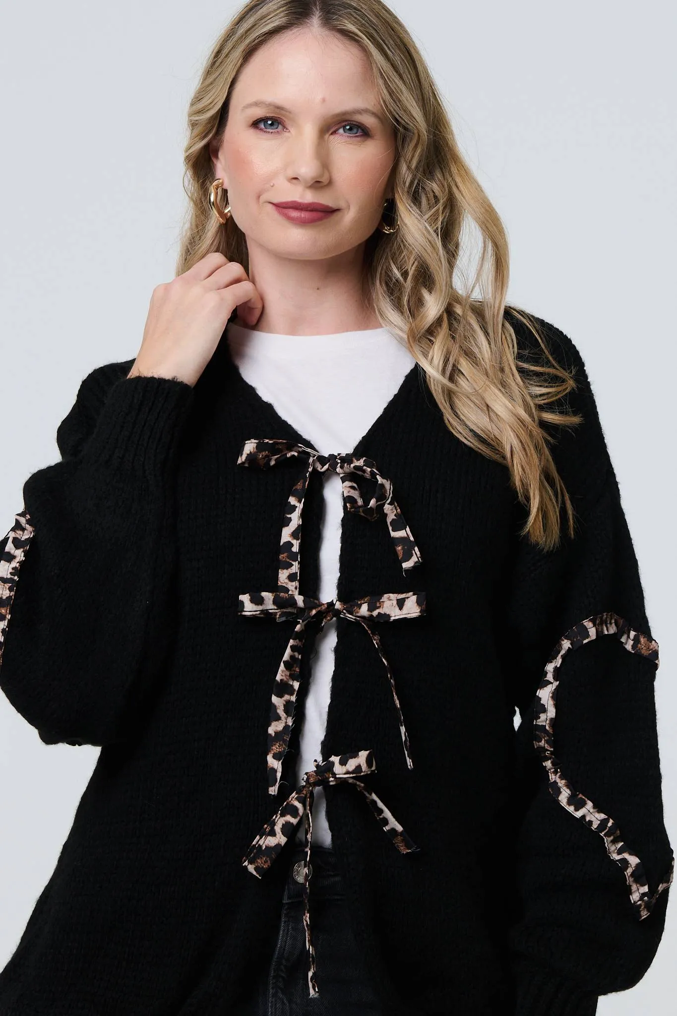 Animal Print Trim Tie Front Cardigan