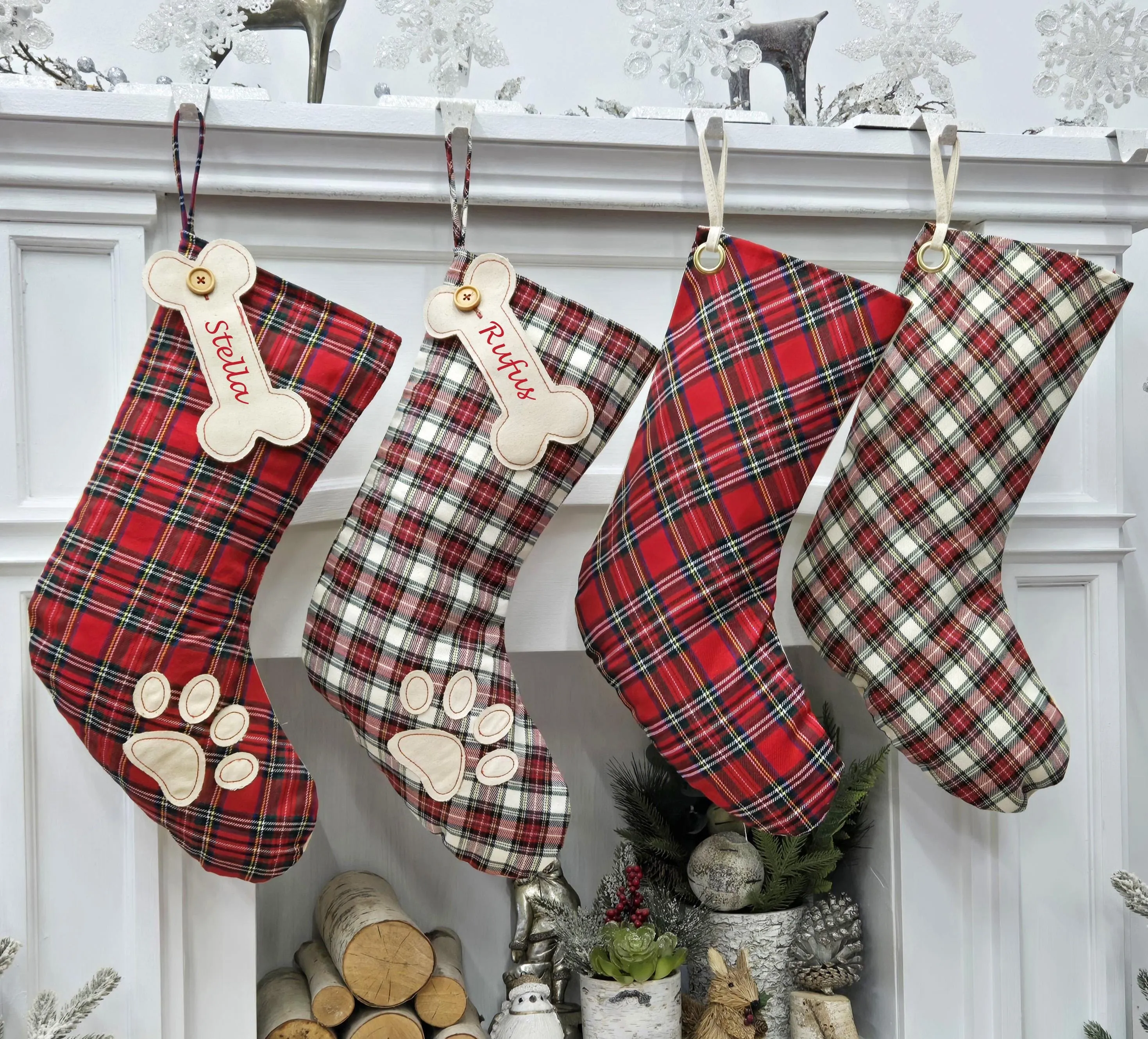 Arlington Plaid Christmas Stockings | Farmhouse Highlands Gaelic Celtic Style Tartan Red Green Yellow White Fabric Personalized Embroidery