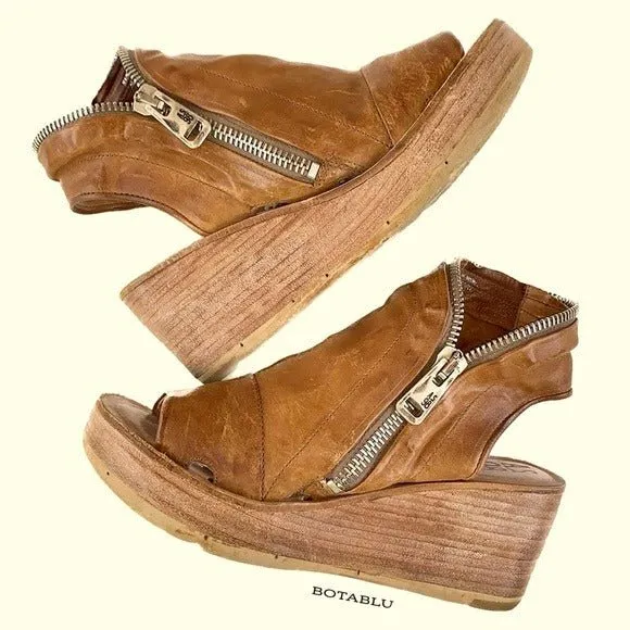 A.S.98 Naylor Wedge Platform Camel Tan Leather Zippered Sandals