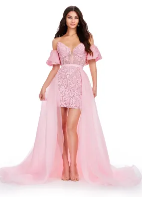 Ashley Lauren 1740 Size 4 Candy Pink Long Organza Pageant Overskirt Wire Hem Layered Train Detachable