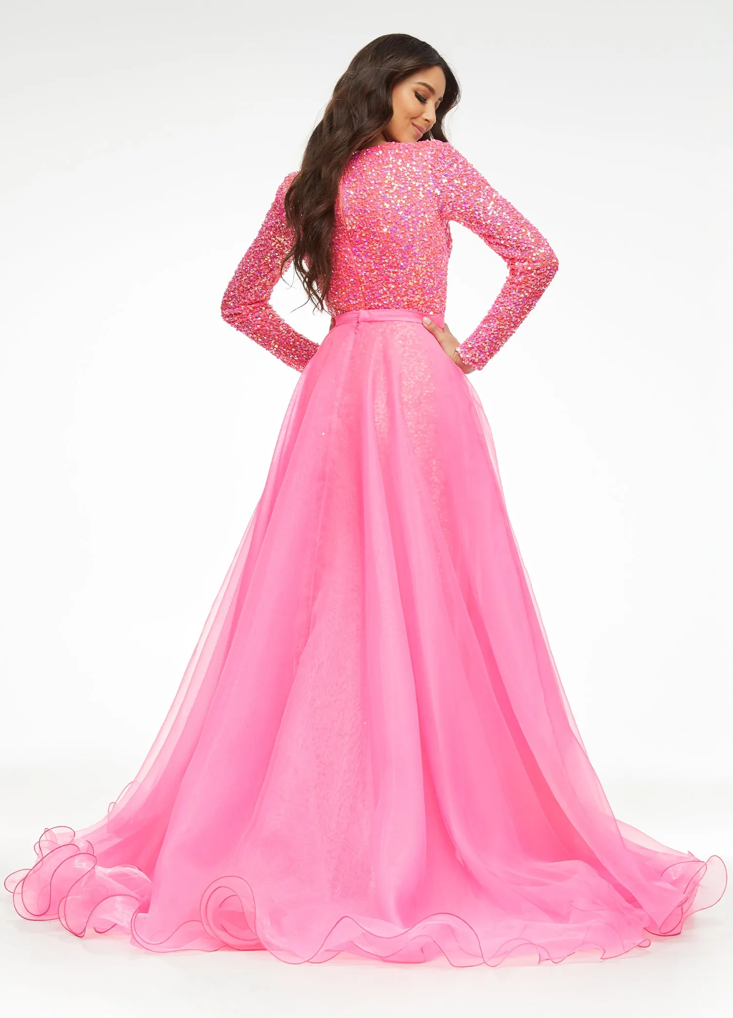 Ashley Lauren 1740 Size 4 Candy Pink Long Organza Pageant Overskirt Wire Hem Layered Train Detachable