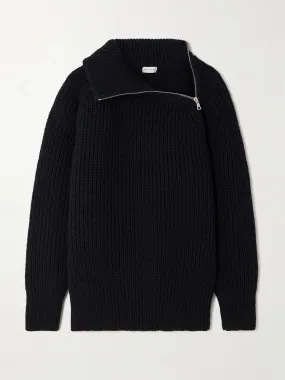 Asymmetric ribbed wool turtleneck cardigan