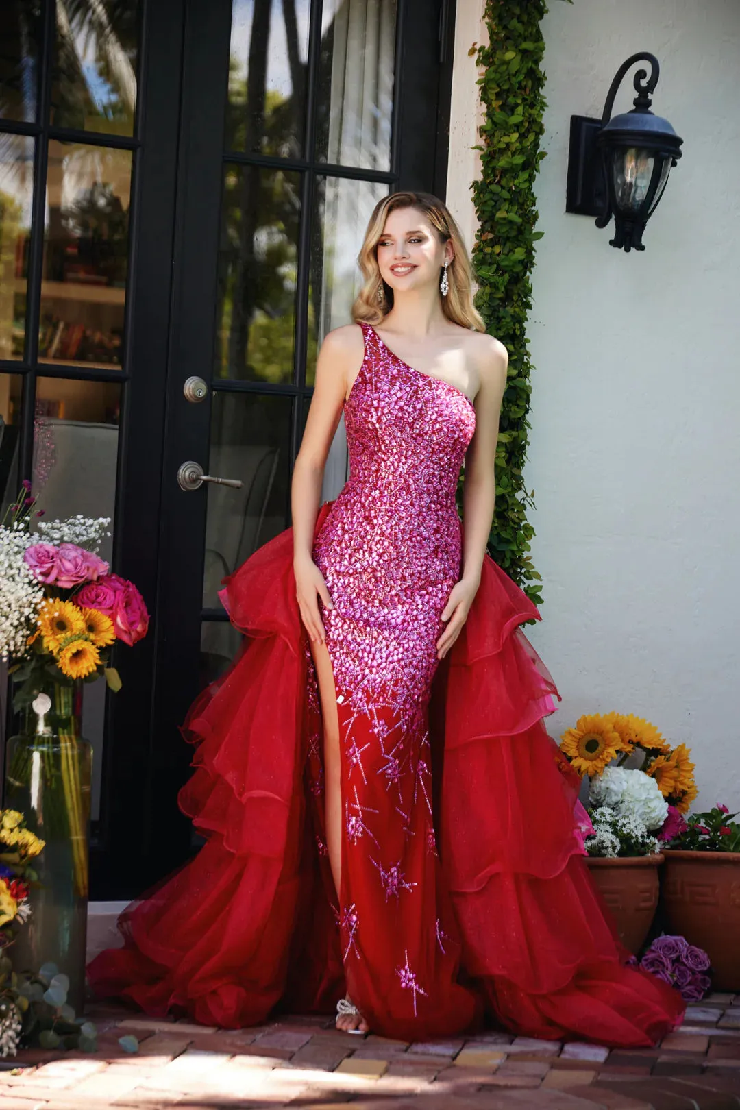 Ava Presley 29236 One Shoulder Sequin Pageant Dress Overskirt Layer Ruffle Train Formal Gown