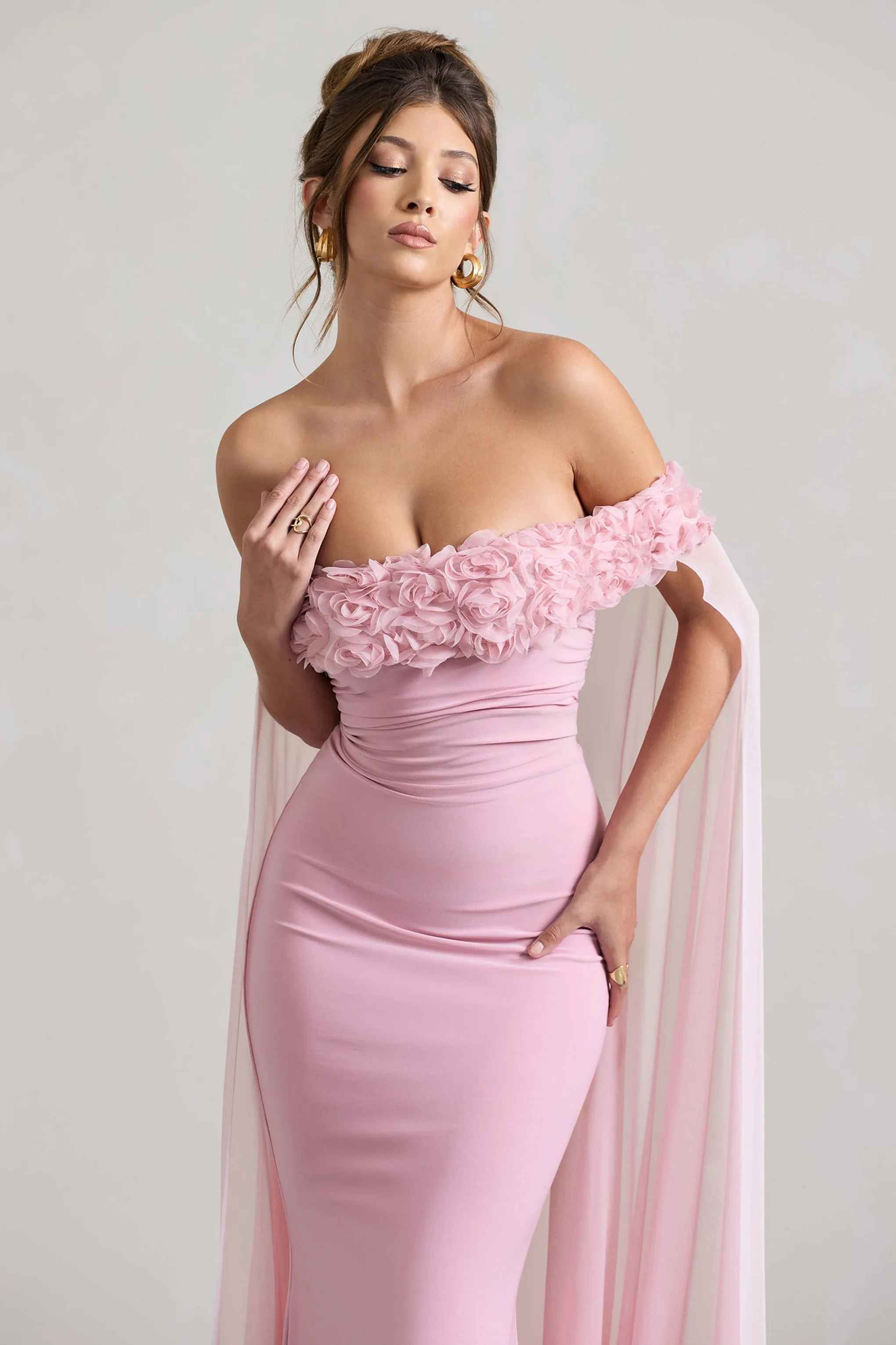 Avant Garde | Blush Pink Floral Bardot Fishtail Maxi Dress With Mesh Cape