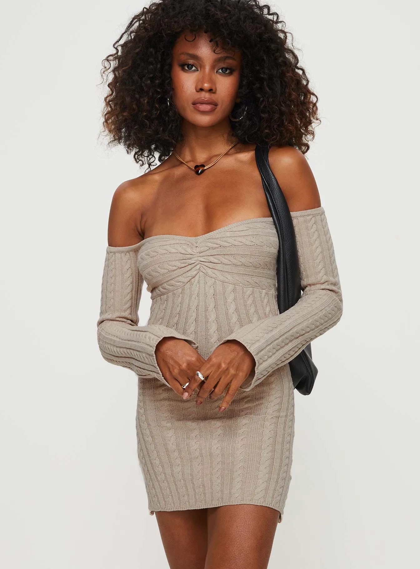 Bayard Off The Shoulder Knit Mini Dress Beige