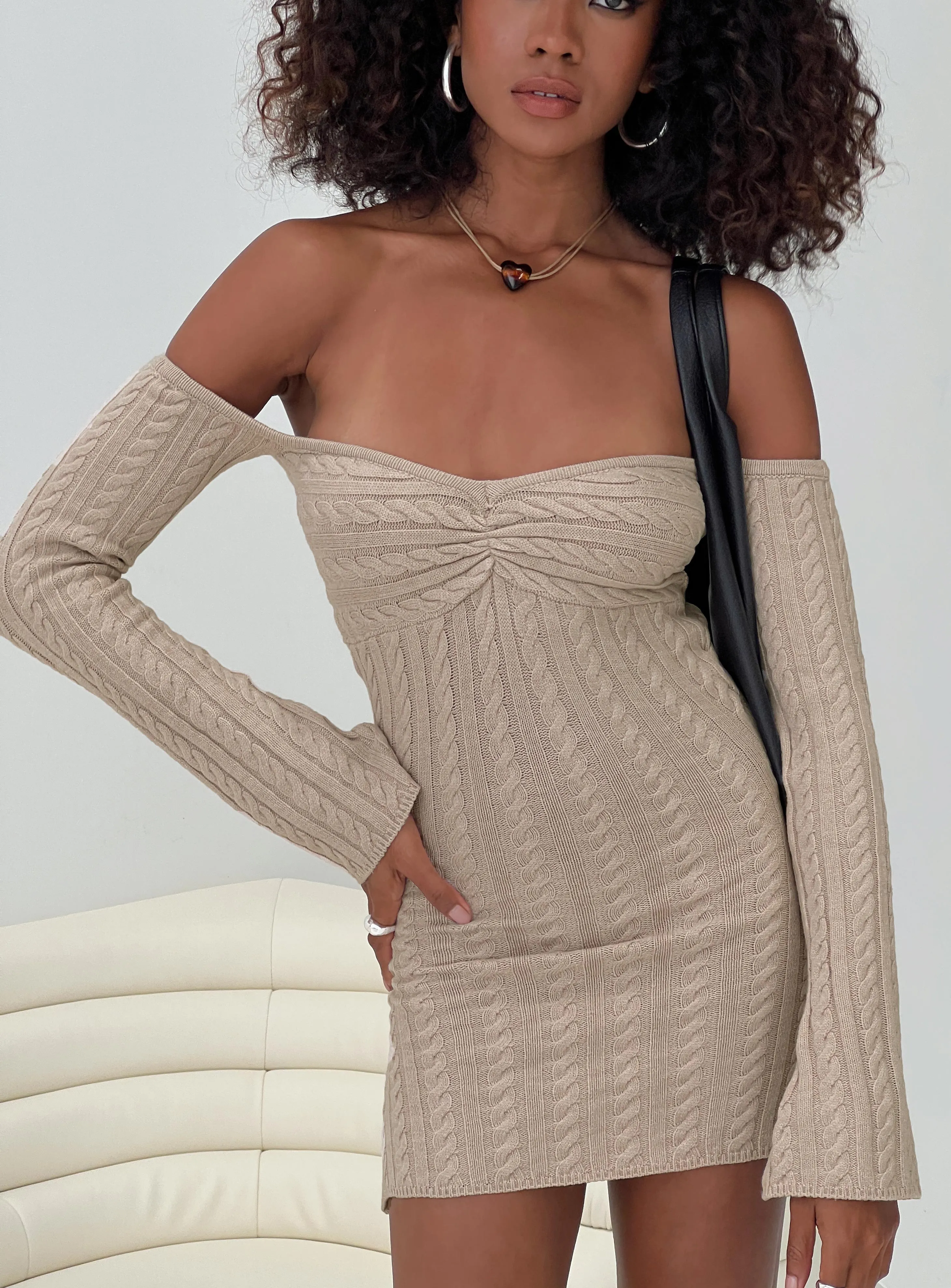 Bayard Off The Shoulder Knit Mini Dress Beige