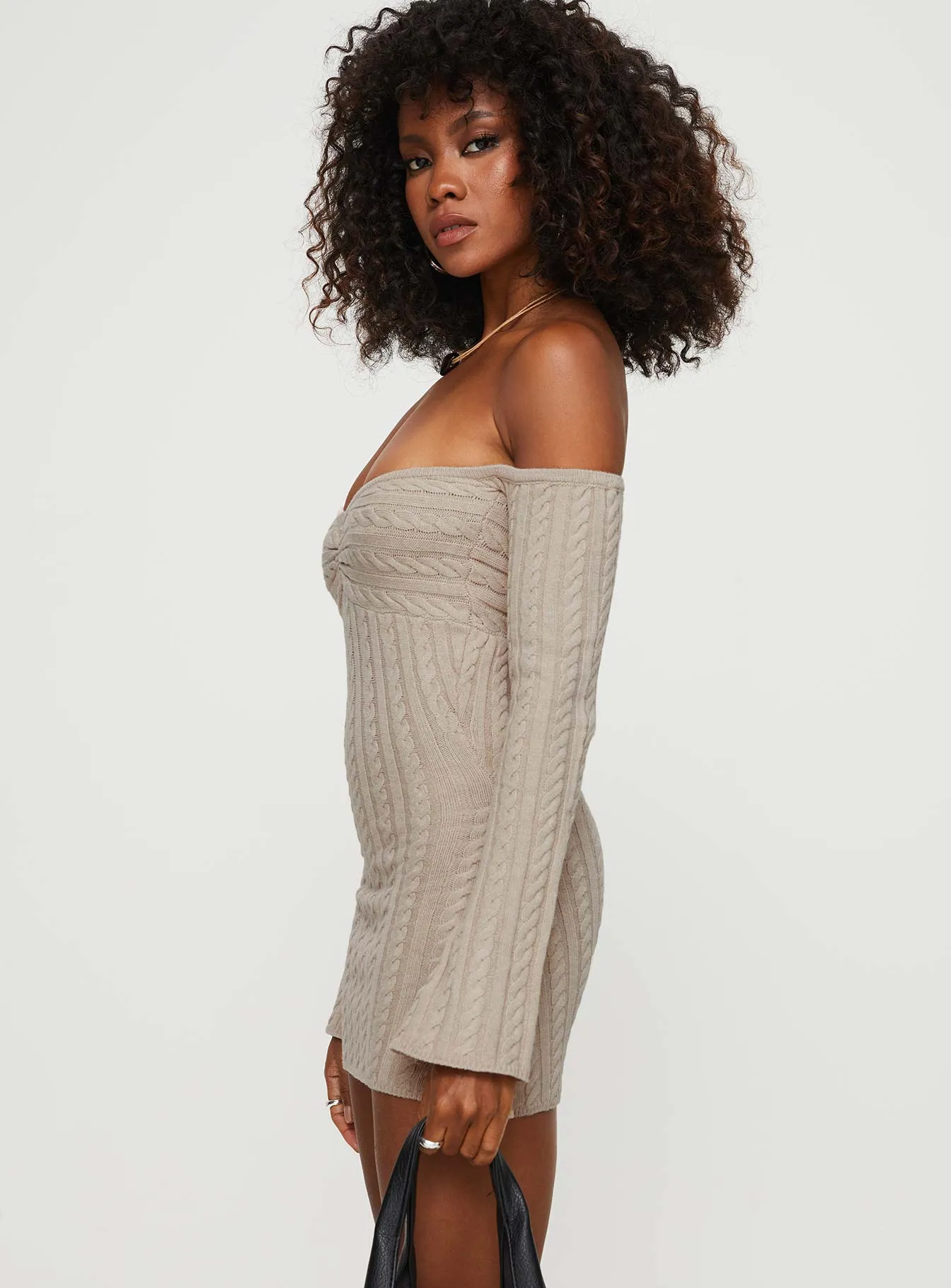 Bayard Off The Shoulder Knit Mini Dress Beige