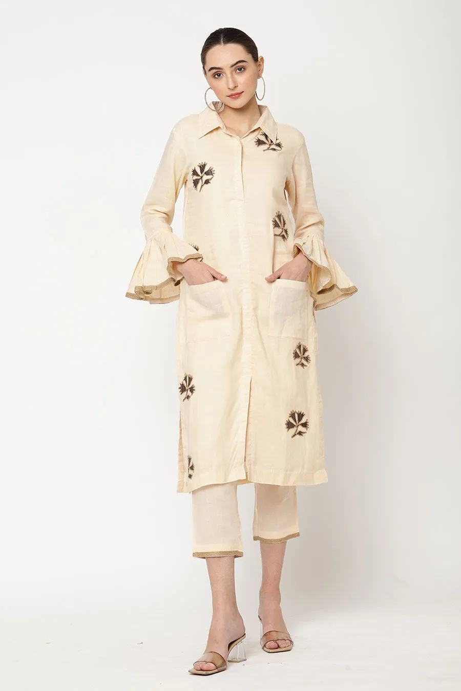 Beige & Brown Embellished Kurta Set