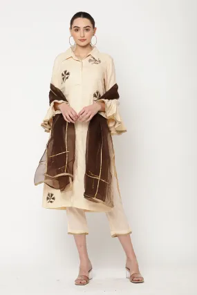 Beige & Brown Embellished Kurta Set