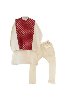 Beige kurta pyjama with red jacket