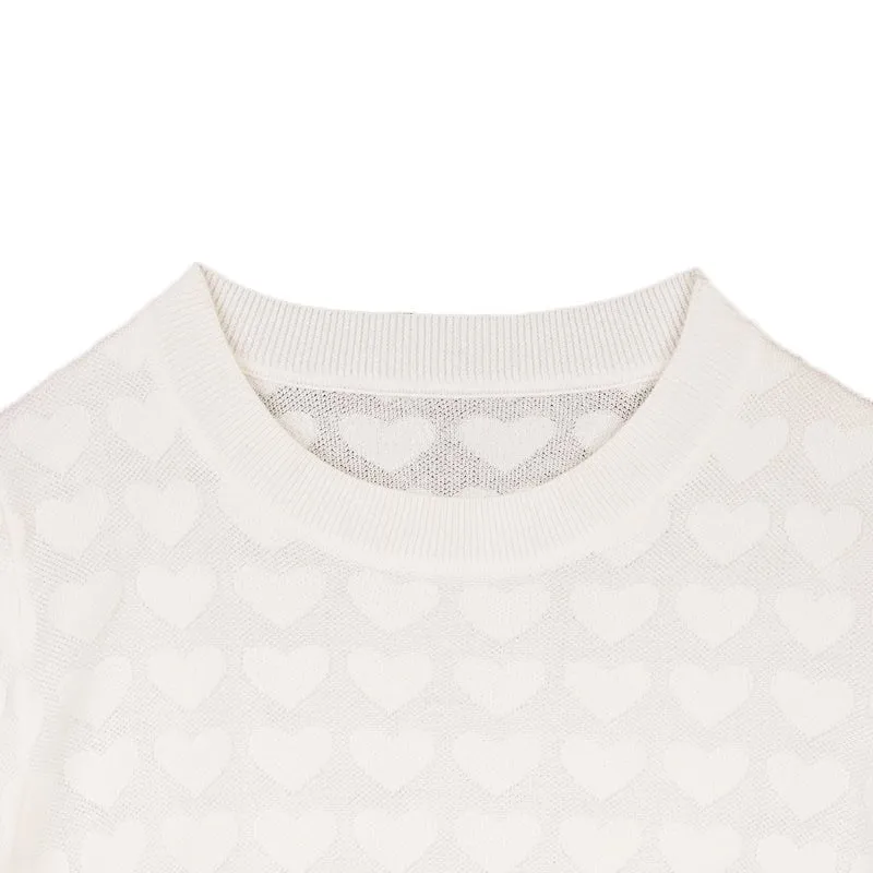 Beige Midi Sleeve Heart Pattern Sweater