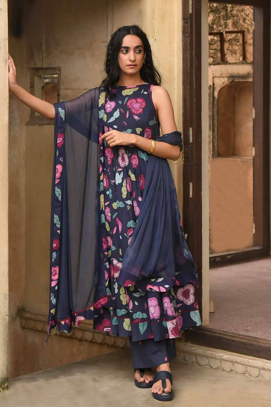 Berry Bloom Floral Print Blue Kurta Set