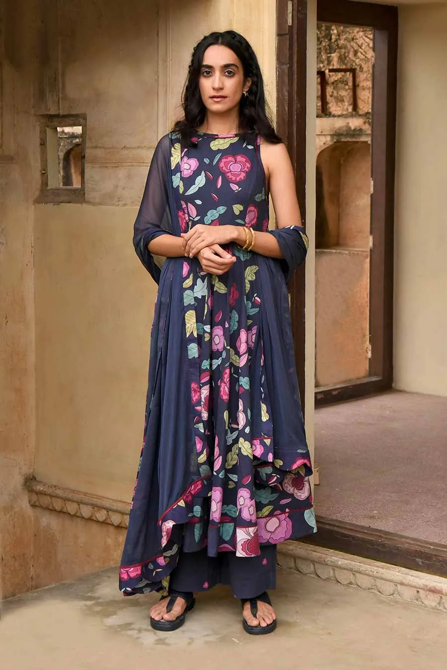 Berry Bloom Floral Print Blue Kurta Set