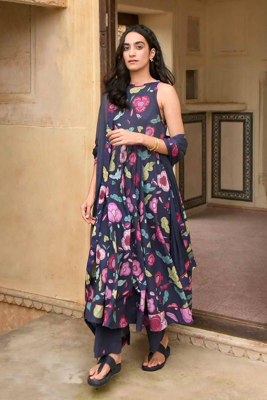 Berry Bloom Floral Print Blue Kurta Set