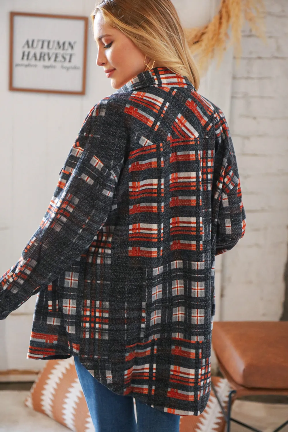 Black & Rust Brushed Plaid Oversize Pocketed Shacket