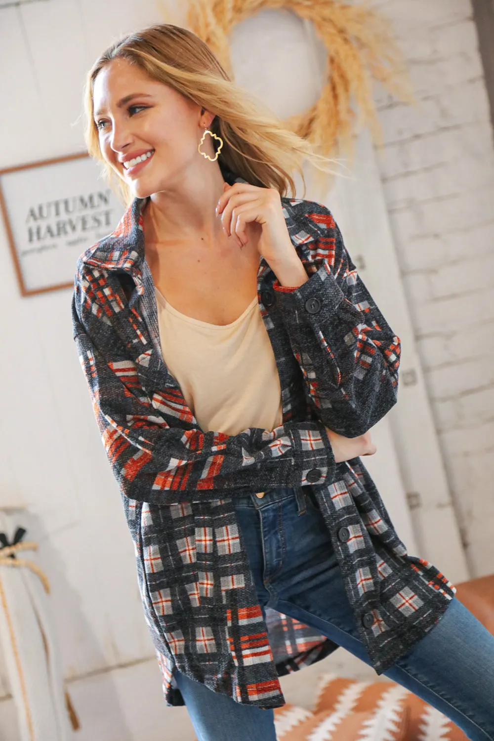 Black & Rust Brushed Plaid Oversize Pocketed Shacket