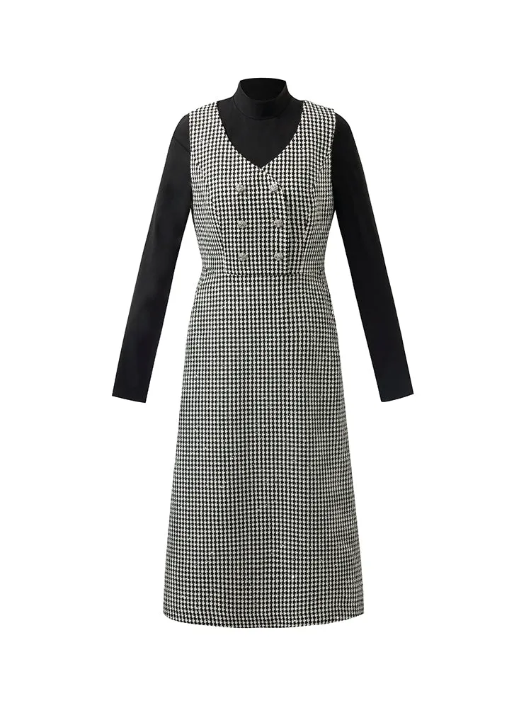 Black And White Houndstooth Vest Dress And Mock Neck Sweater Two-Piece Suit