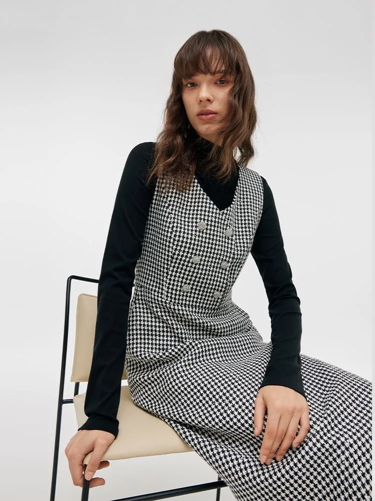 Black And White Houndstooth Vest Dress And Mock Neck Sweater Two-Piece Suit