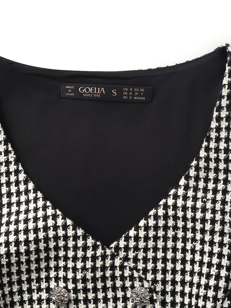 Black And White Houndstooth Vest Dress And Mock Neck Sweater Two-Piece Suit