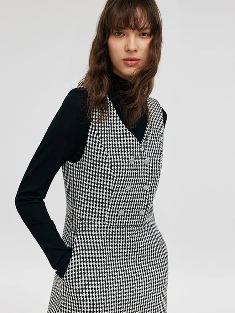 Black And White Houndstooth Vest Dress And Mock Neck Sweater Two-Piece Suit