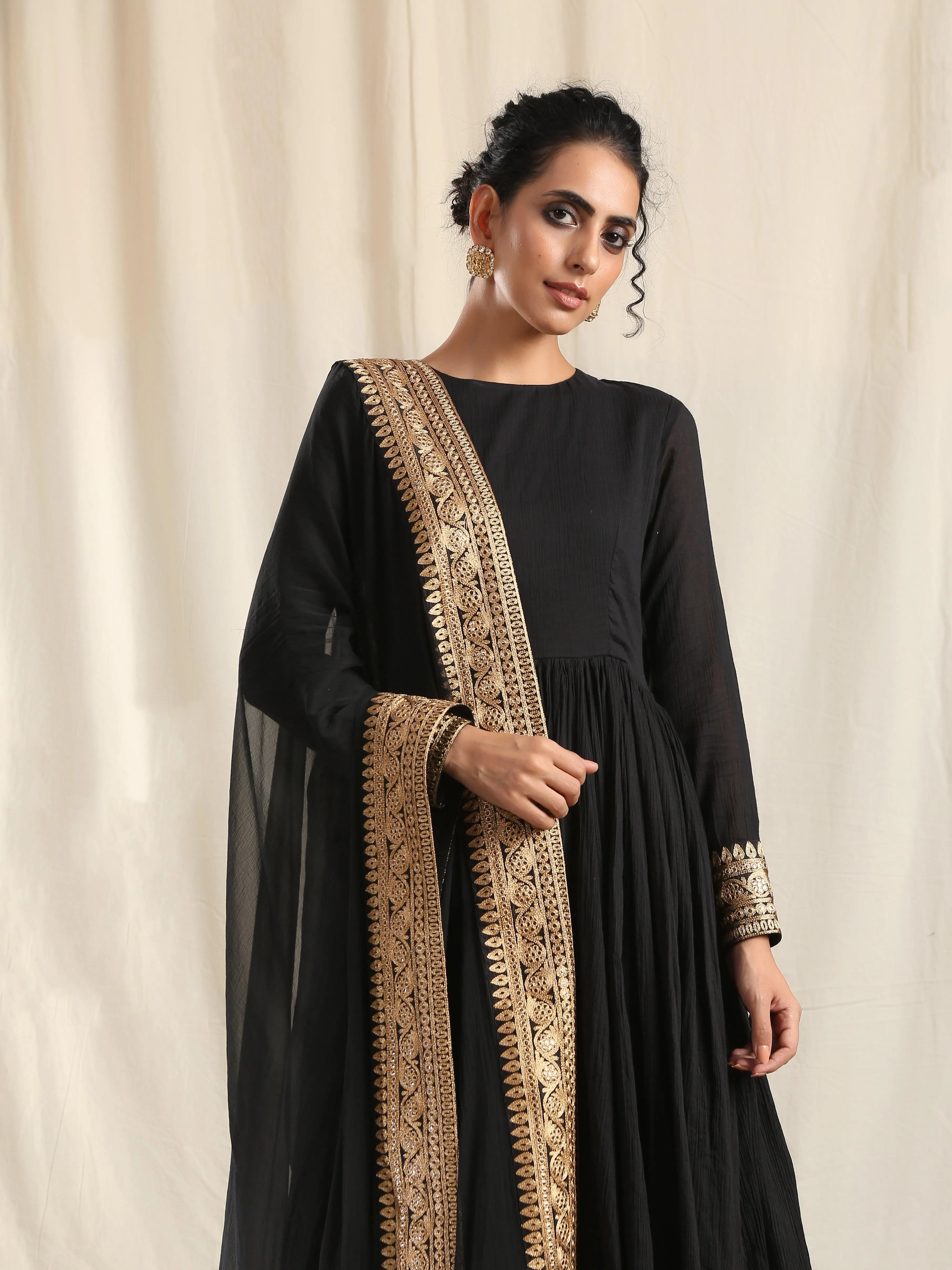 Black Crinkle Anarkali Kurta Pant Dupatta Set