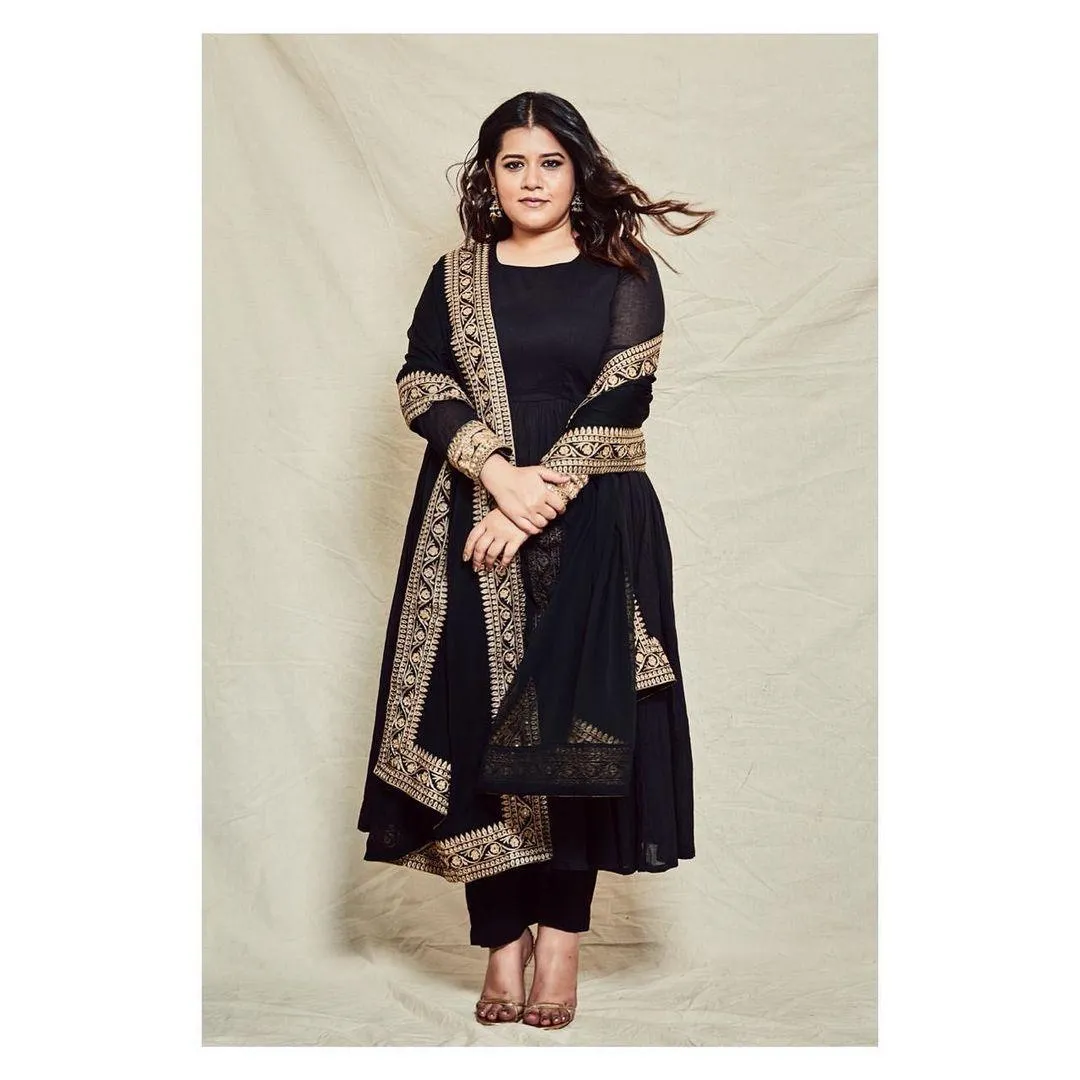 Black Crinkle Anarkali Kurta Pant Dupatta Set